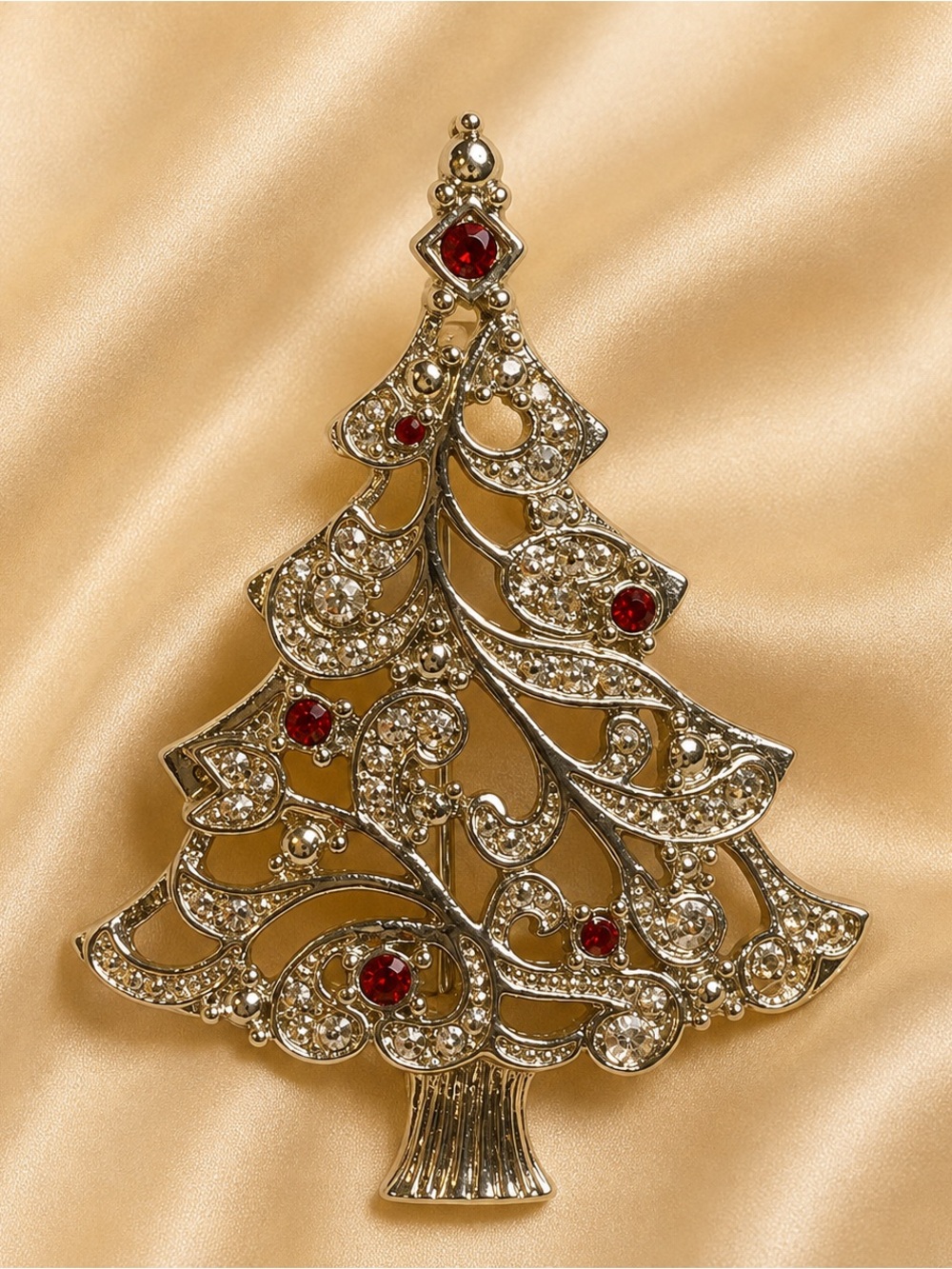 Vintage Rhinestone Christmas Tree Brooch Red & Clear Crystal Holiday